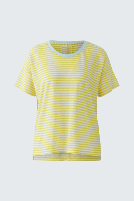 Casual women's T-shirt: Yellow and white striped T-shirt with short sleeves, displayed on a plain background.