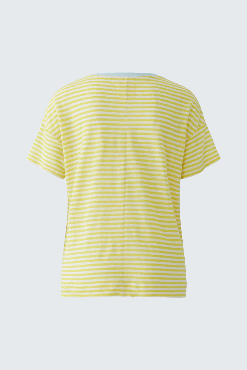 Gestreiftes Damen-T-Shirt in Gelb-Weiß, Rückansicht. Ideal für lässige Sommerlooks.