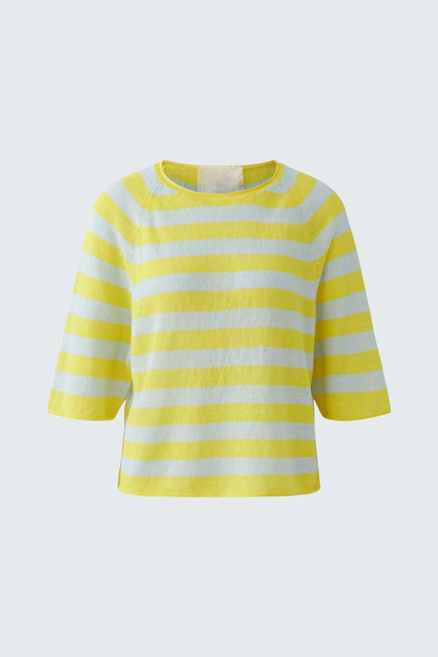 Gelb-weiß gestreifter Damen-Pullover: Bequemes Design mit halblangen Ärmeln, ideal für lässige Outfits.