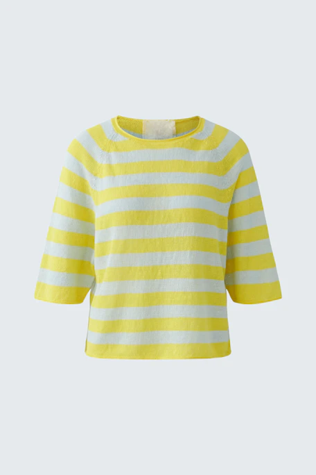 Casual pullover: Yellow and white striped pullover with three-quarter sleeves, perfect for a relaxed look.