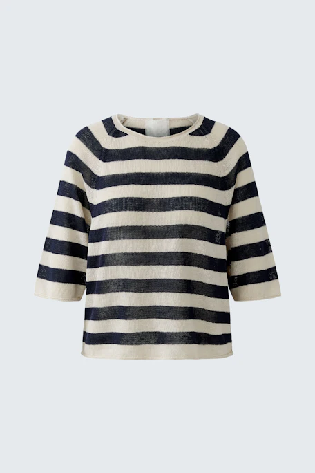 Bequemer Damen-Pullover mit maritimen Streifen in Blau und Beige, lässiger Schnitt und 3/4-Ärmel.