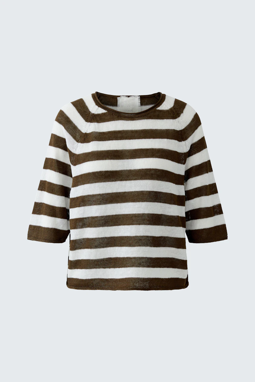 Casual women's pullover: Brown and white striped pullover with three-quarter sleeves.