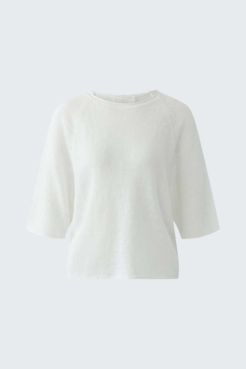 Weißer Damen-Pullover: Schlichter, kurzärmeliger Pullover ohne Model, ideal für vielseitige Kombinationen.