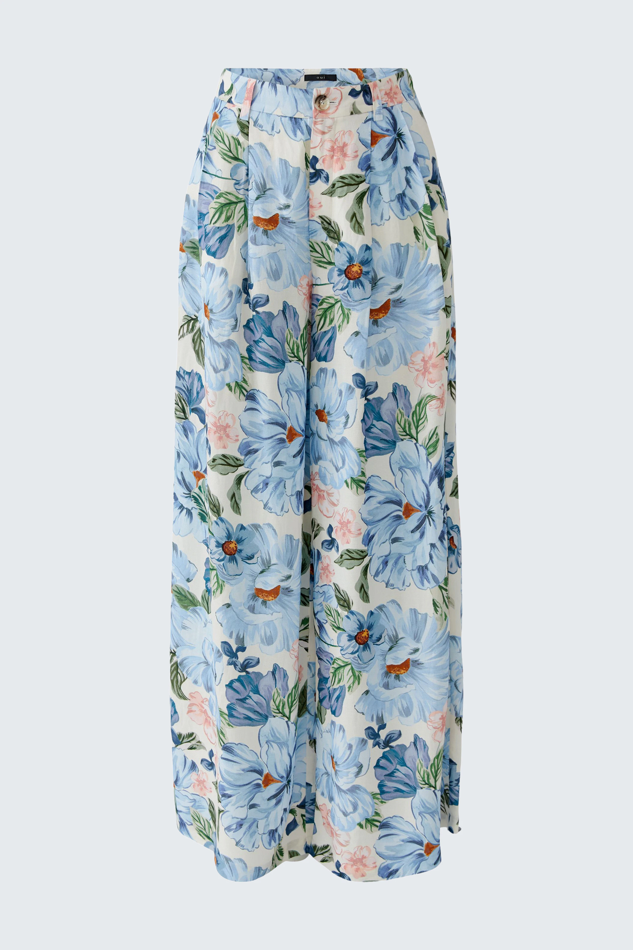 Bequeme Marlenehose mit floralem Muster in Blau und Rosa, ideal für den Alltag.
