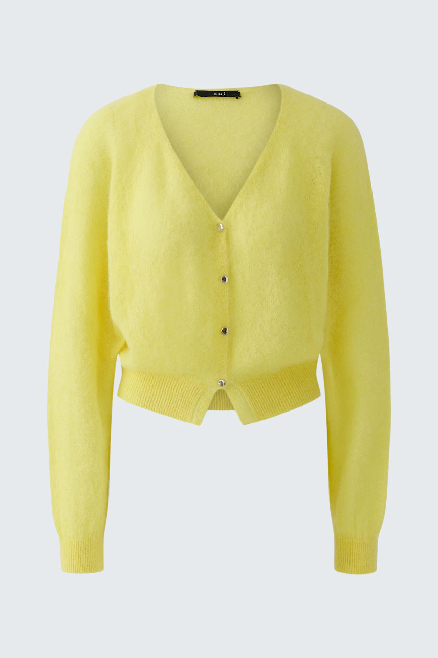 Bright yellow cardigan with buttons, no model. Simple, cozy design for casual wear.
