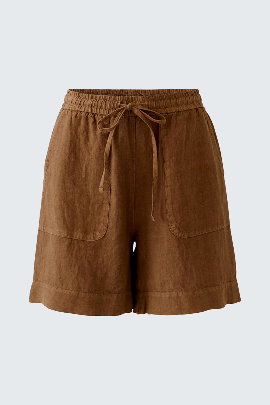 Casual brown shorts with drawstring waist and large pockets, perfect for a relaxed summer look.