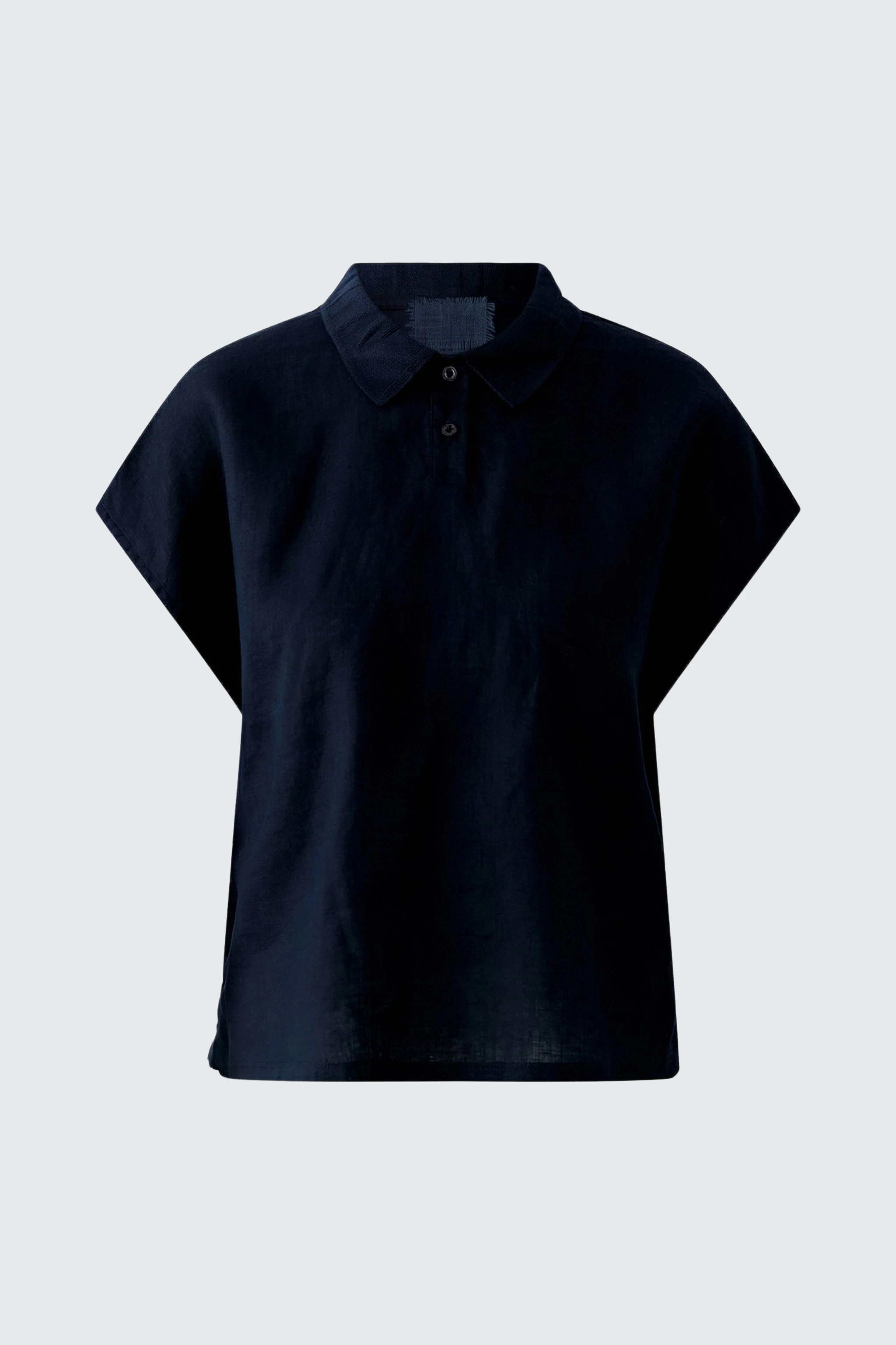 Schlichte Damen-Bluse: Dunkelblaue Bluse mit kurzen Ärmeln und Kragen, ideal für lässige Outfits.