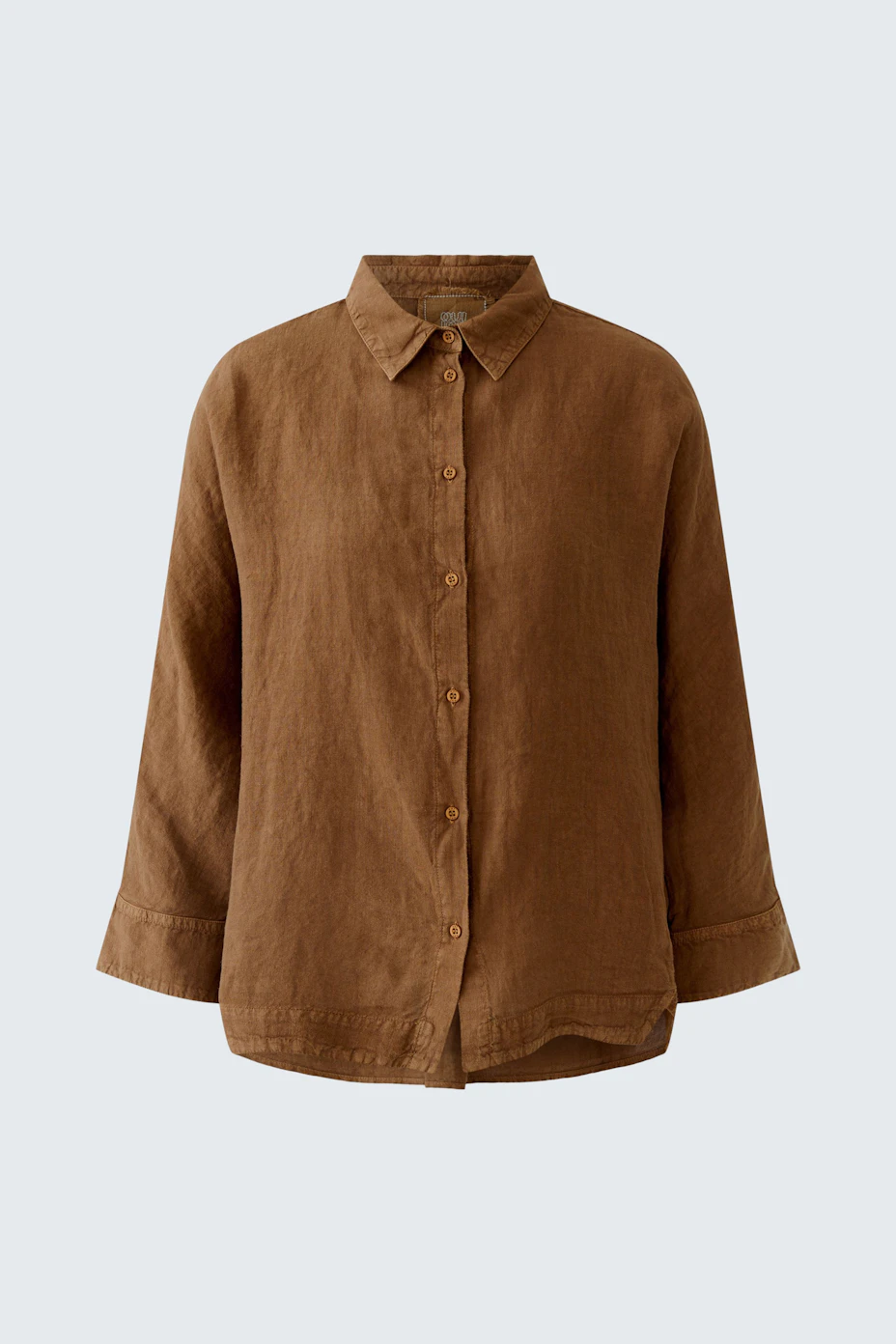 Braune Damen-Bluse aus Leinen, locker geschnitten, ohne Model, ideal für lässige Outfits.