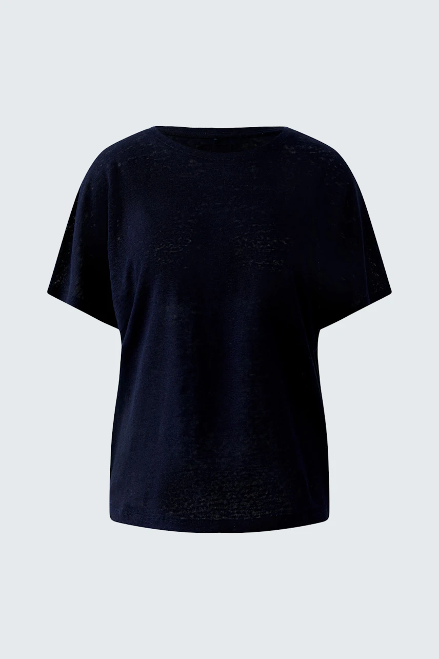 Casual women's T-shirt in navy blue with a relaxed fit and short sleeves.