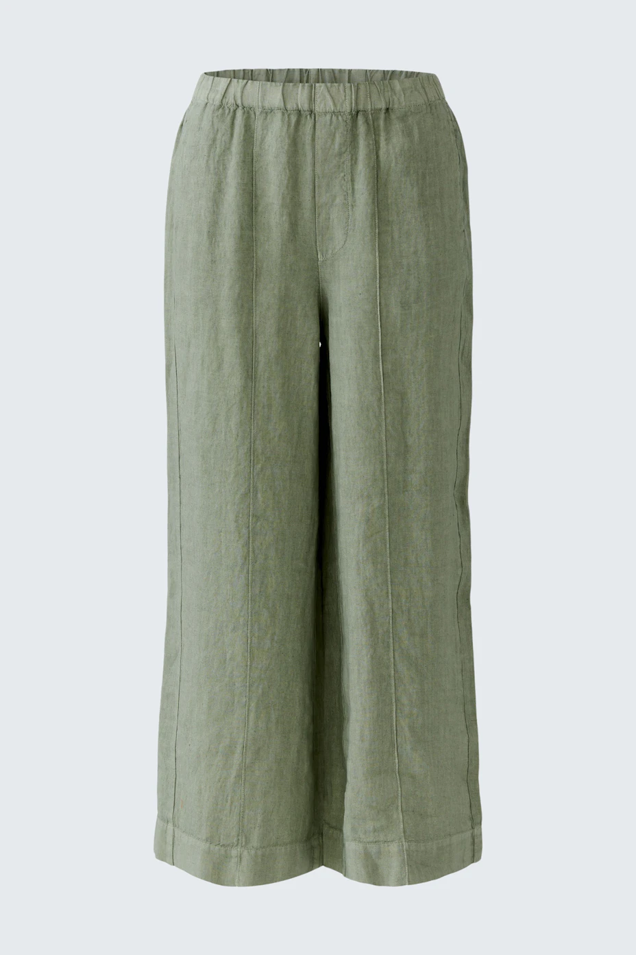 Casual women's pants: Relaxed fit, wide-leg green pants with elastic waistband, no model shown.
