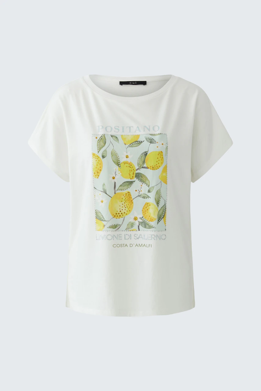 Weißes Damen-T-Shirt mit Zitronenprint, lässig und sommerlich, ohne Model abgebildet.
