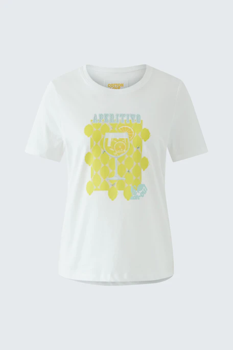 White T-shirt with yellow graphic print, short sleeves, and round neck. Casual and stylish for everyday wear.