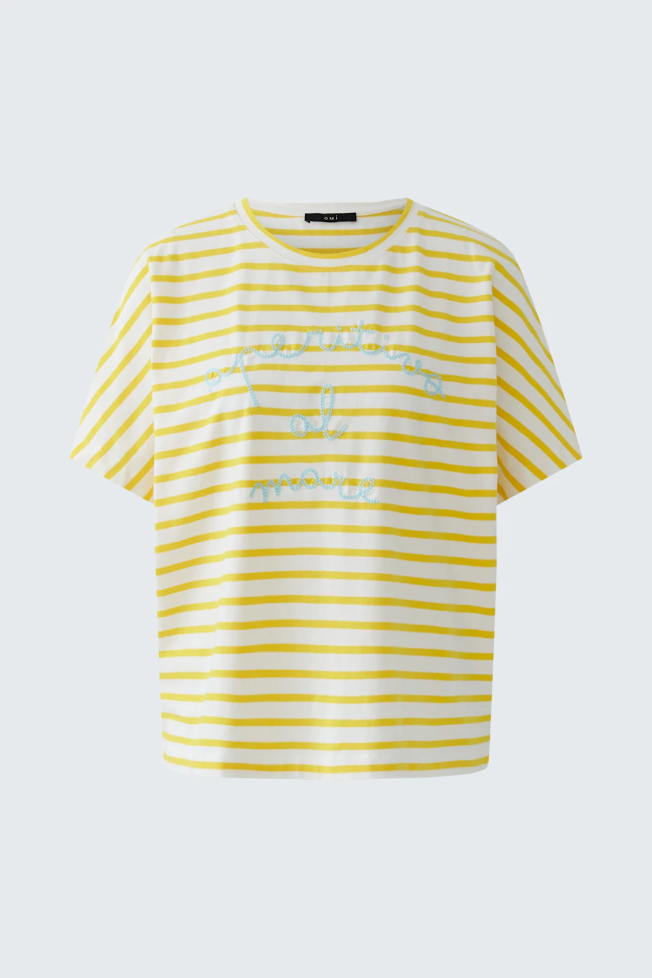 Casual women's T-shirt: Yellow and white striped T-shirt with a relaxed fit and subtle graphic print.