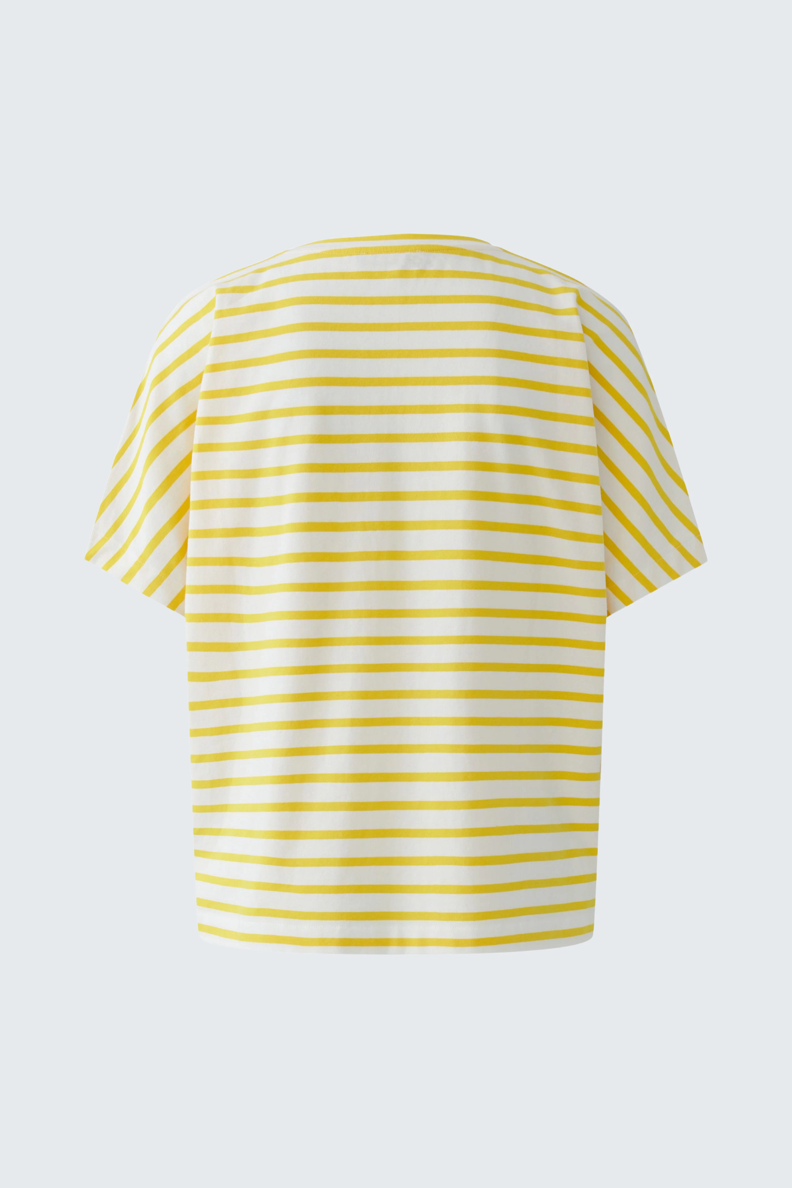 Gestreiftes Damen-T-Shirt: Gelb-weißes T-Shirt mit kurzen Ärmeln, ideal für einen frischen Sommerlook.