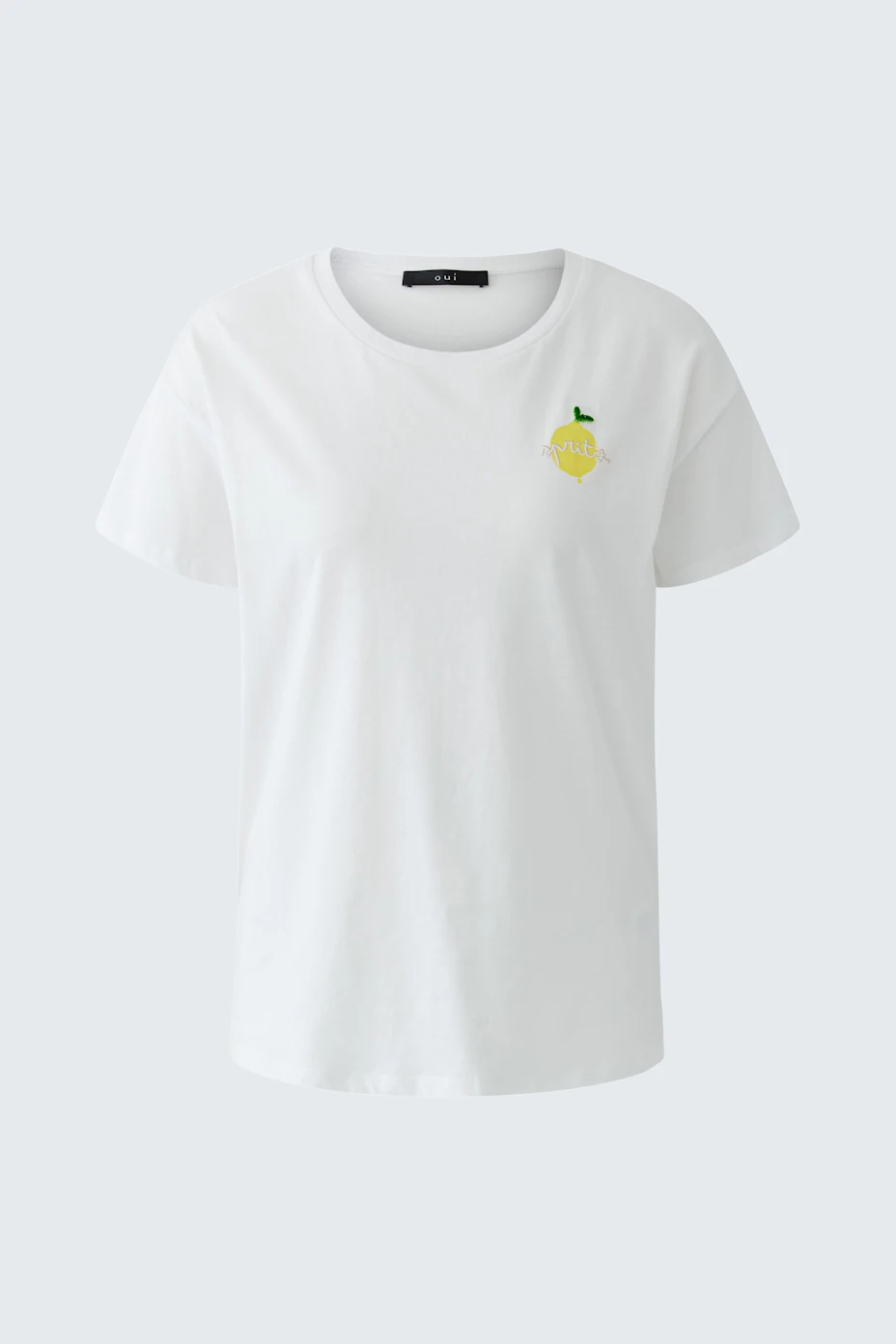 White T-shirt with lemon print on chest, short sleeves, and round neck. Casual and fresh look.