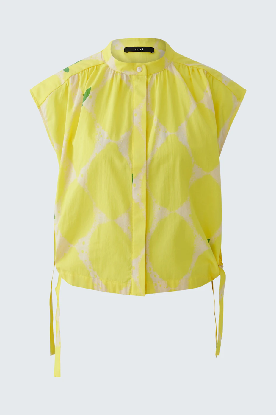 Bright yellow blouse with geometric pattern, sleeveless design, and button-up front. Casual and stylish.