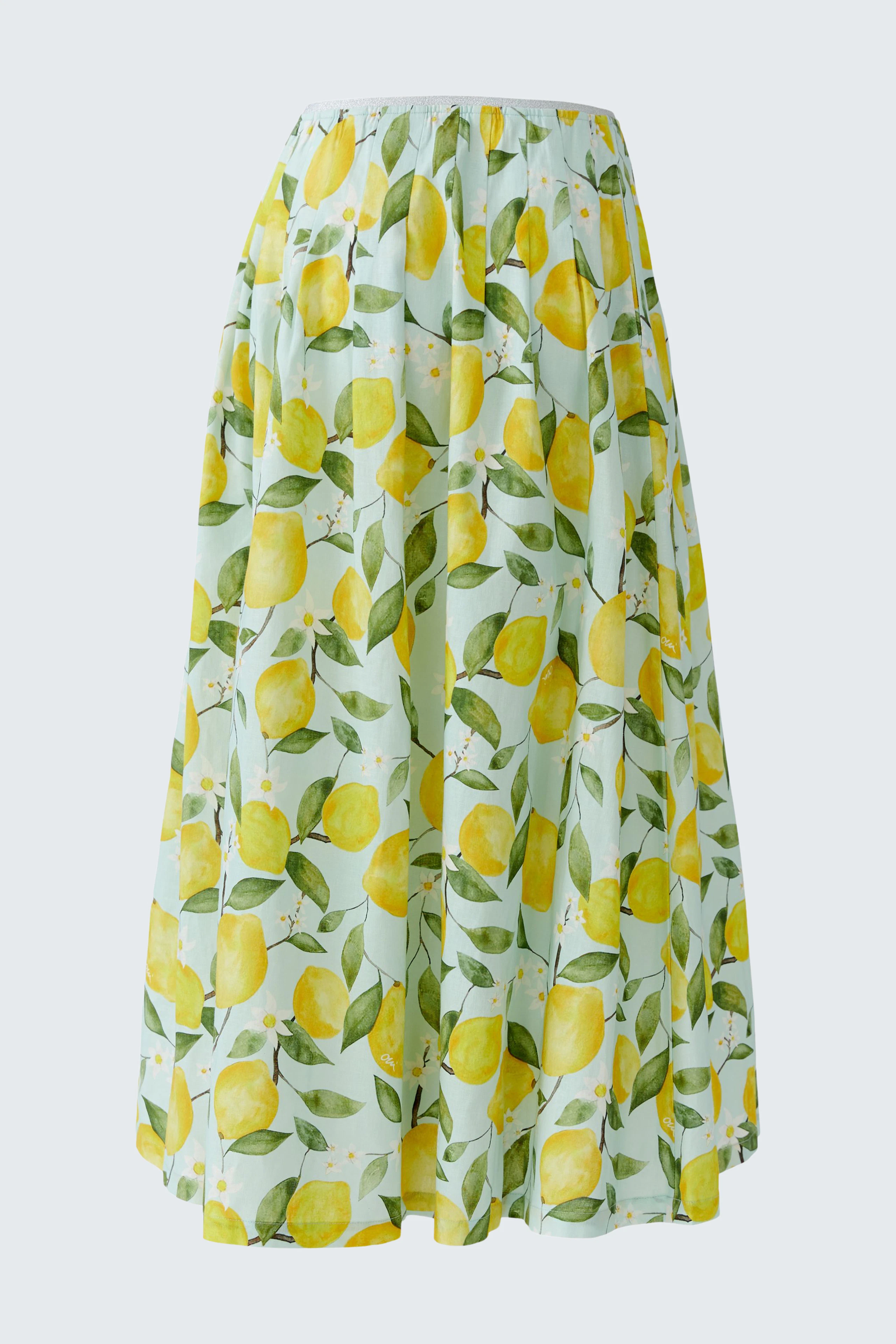 Faltenrock mit Zitronenprint: Sommerlicher Rock in Weiß mit gelben Zitronen und grünen Blättern.