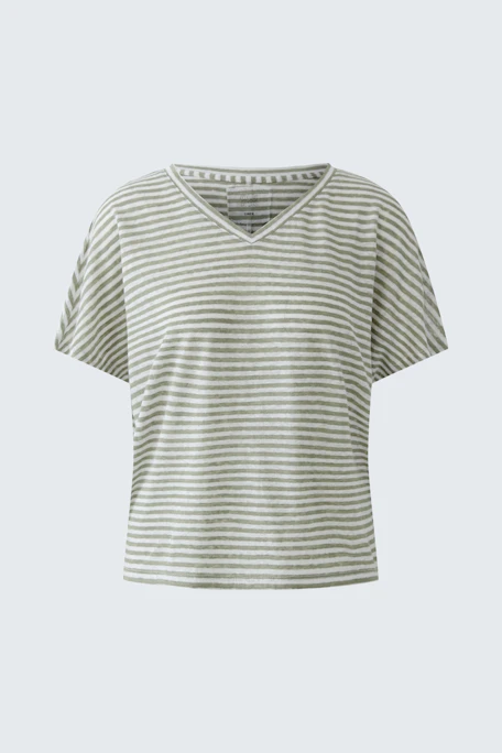 Gestreiftes Damen-T-Shirt: Lockeres, kurzärmeliges Oberteil in Grau-Weiß mit V-Ausschnitt.