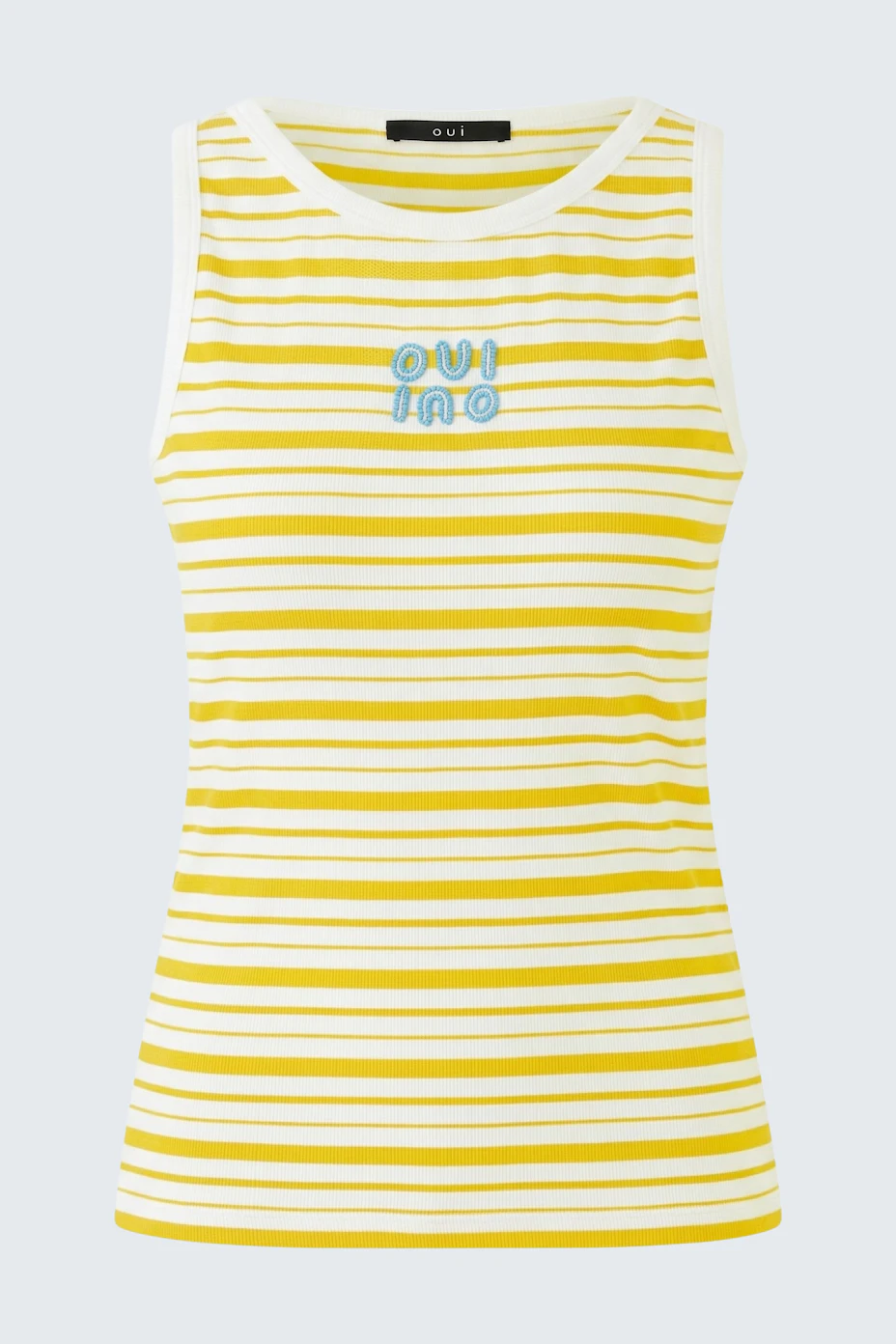 Striped tank top: Yellow and white stripes with "Oui" logo, sleeveless design, perfect for casual wear.