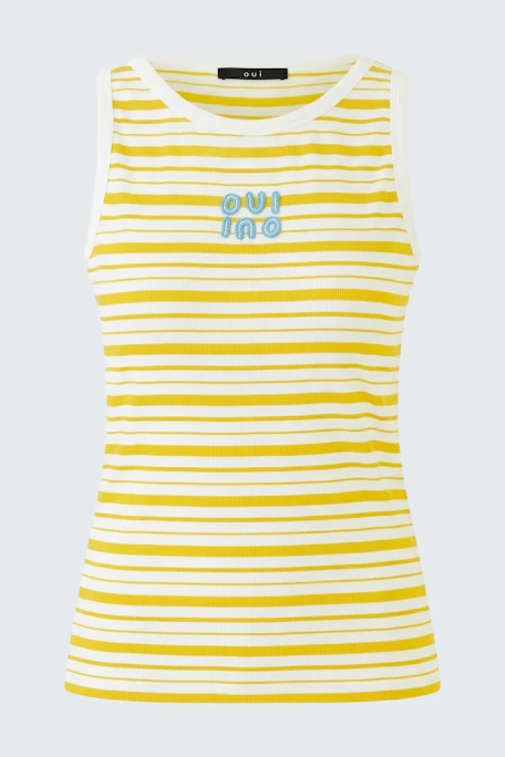 Striped tank top: Yellow and white stripes with "Oui" logo, sleeveless design, perfect for casual wear.