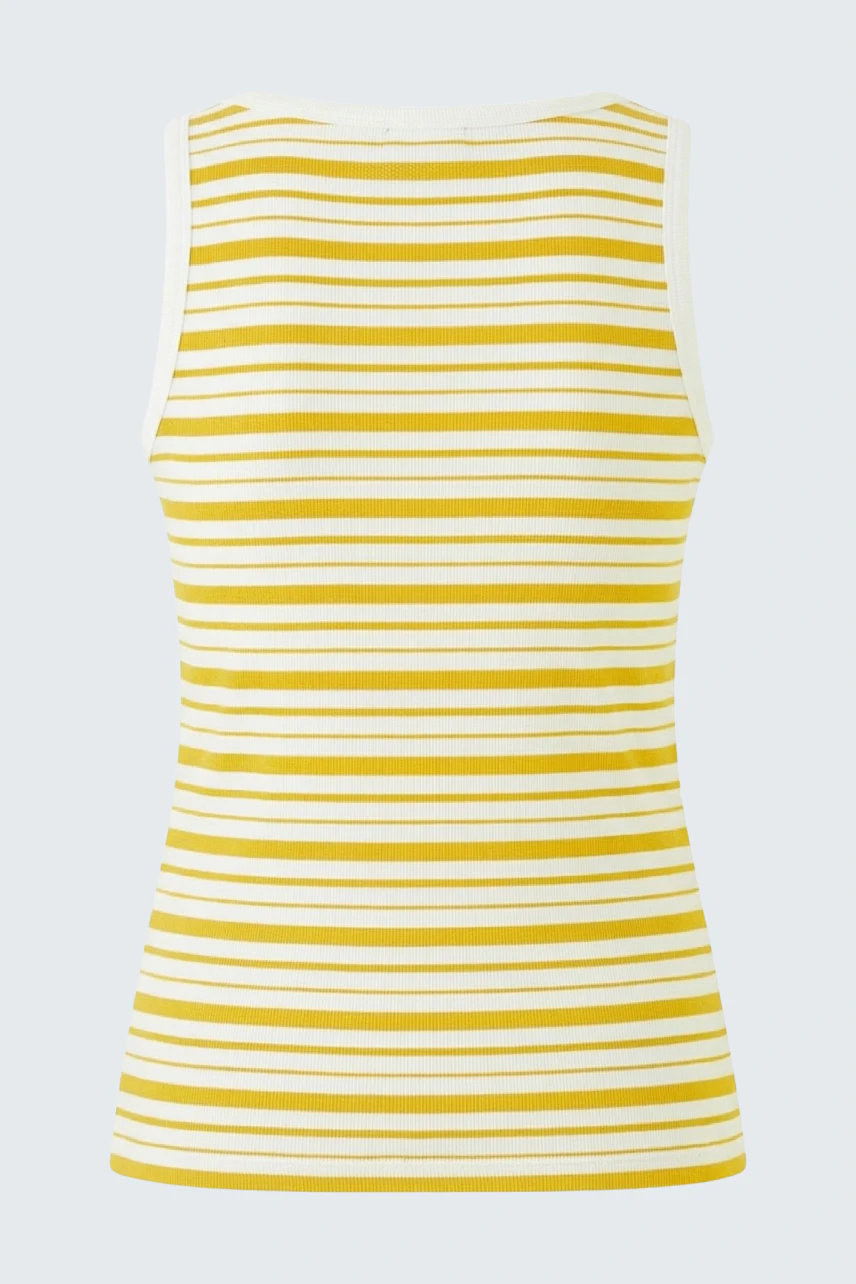 Gestreiftes Tank Top in Gelb-Weiß, ärmellos und bequem. Perfekt für warme Tage und lässige Outfits.