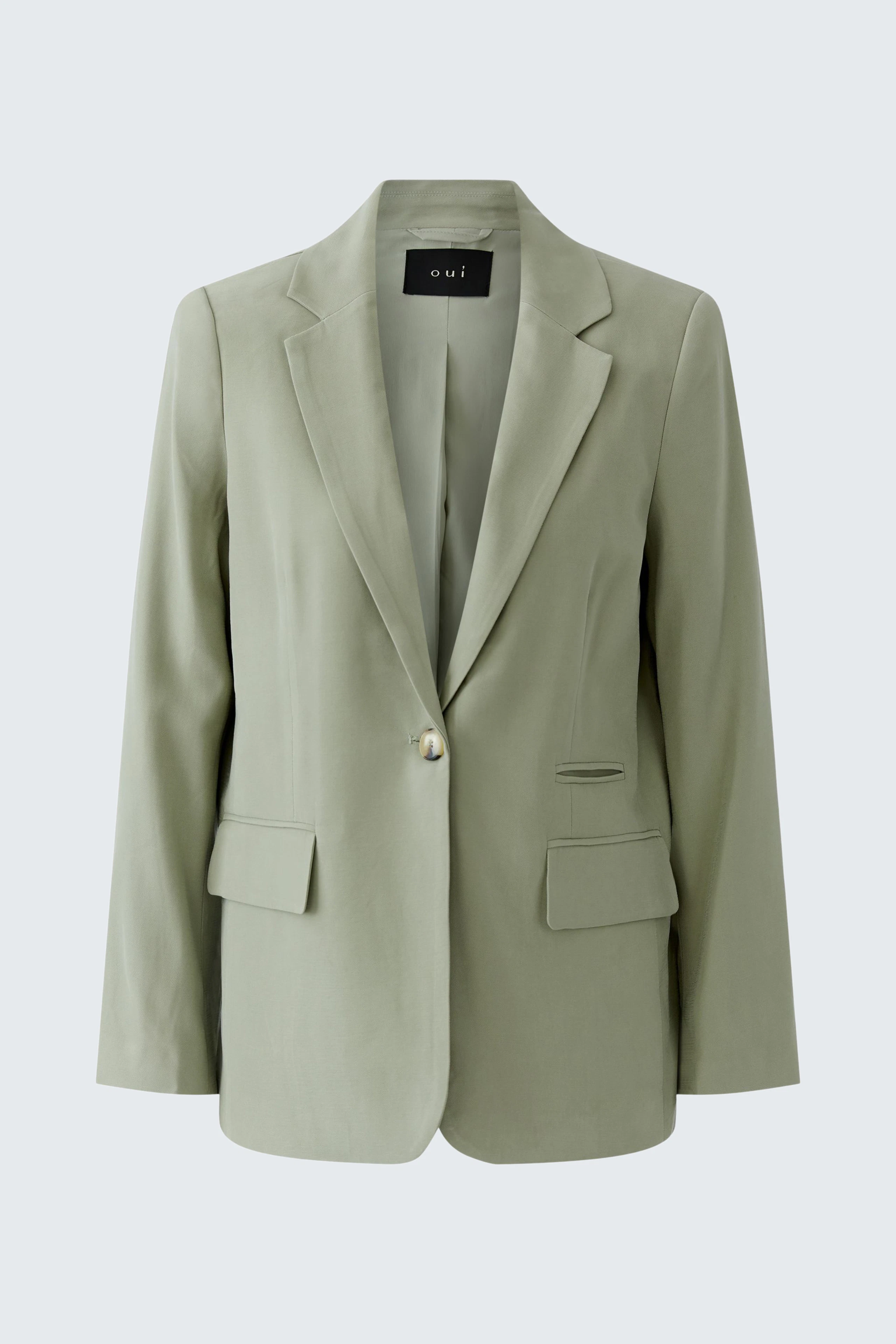 Sleek women's blazer in light green with a single button and two front pockets, no model shown.