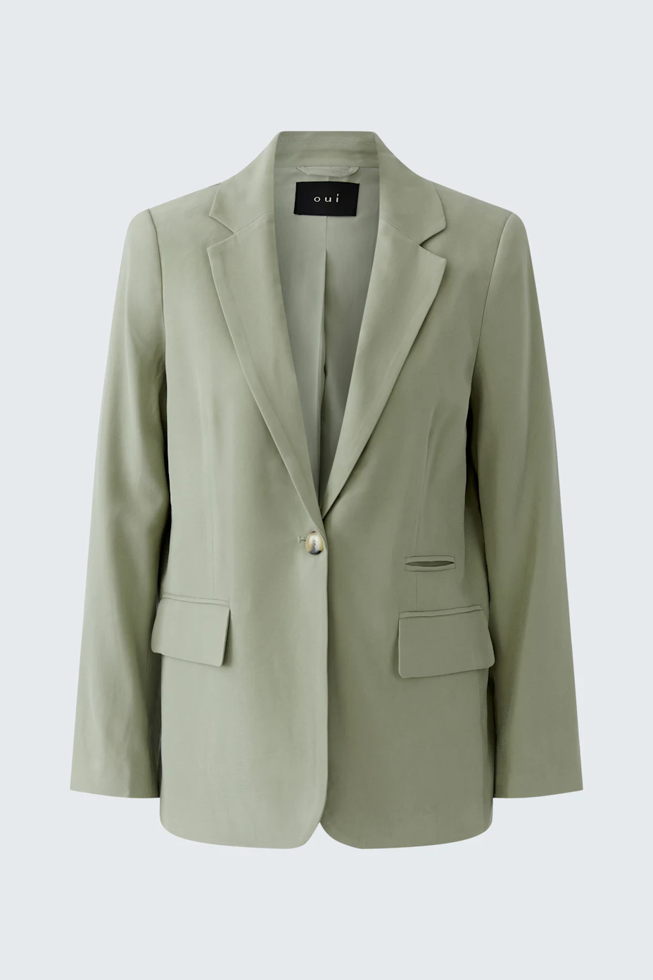 Sleek women's blazer in light green with a single button and two front pockets, no model shown.