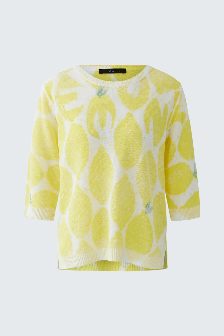 Gelber Damen-Pullover: Strickpullover mit Zitronenmuster, lässig und farbenfroh, ohne Model abgebildet.