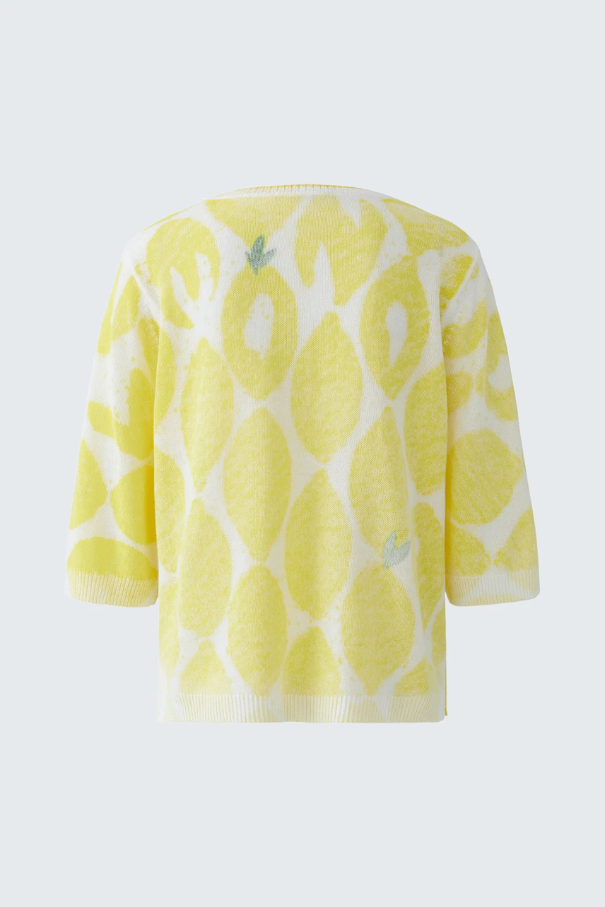 Gelber Damen-Pullover mit Zitronenmuster, Rückansicht. Frisches Design für einen sommerlichen Look.