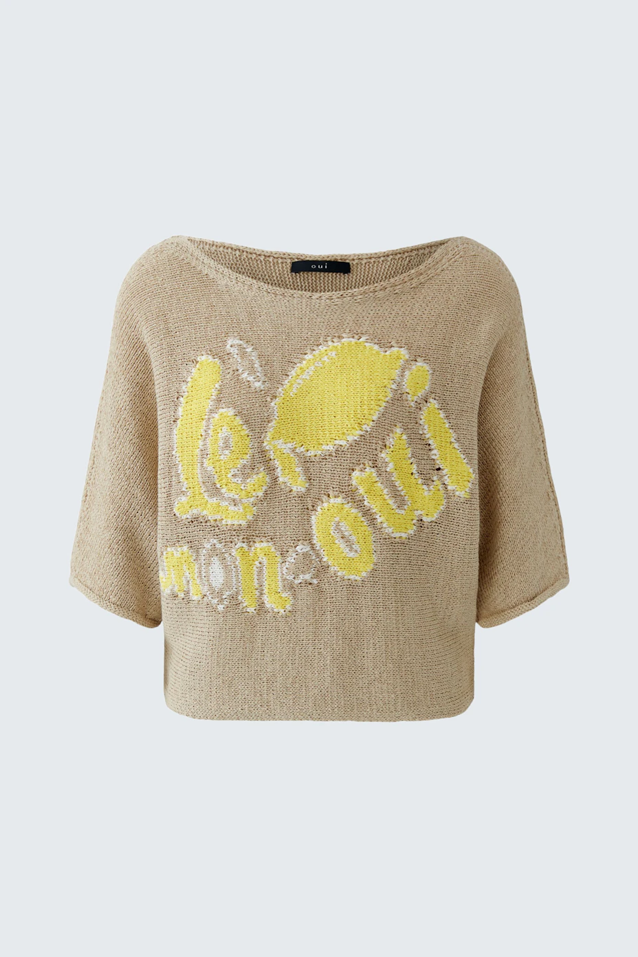Beiger Damen-Pullover: Strickpullover mit gelbem Zitronenmotiv und "lemon oui" Schriftzug.