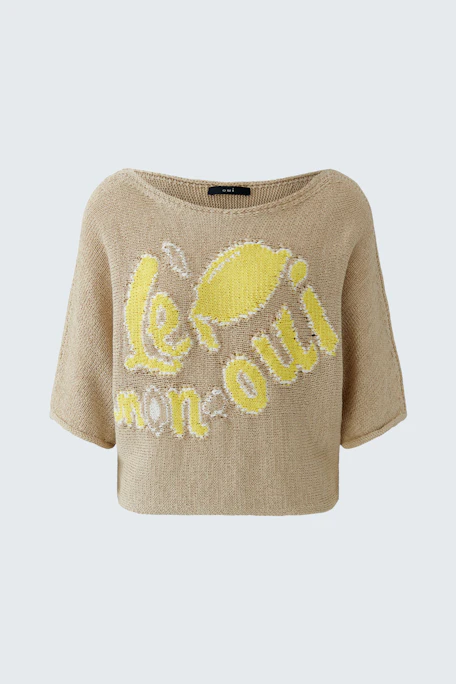 Casual pullover: Beige pullover with yellow lemon graphic and "le mon oui" text, no model shown.
