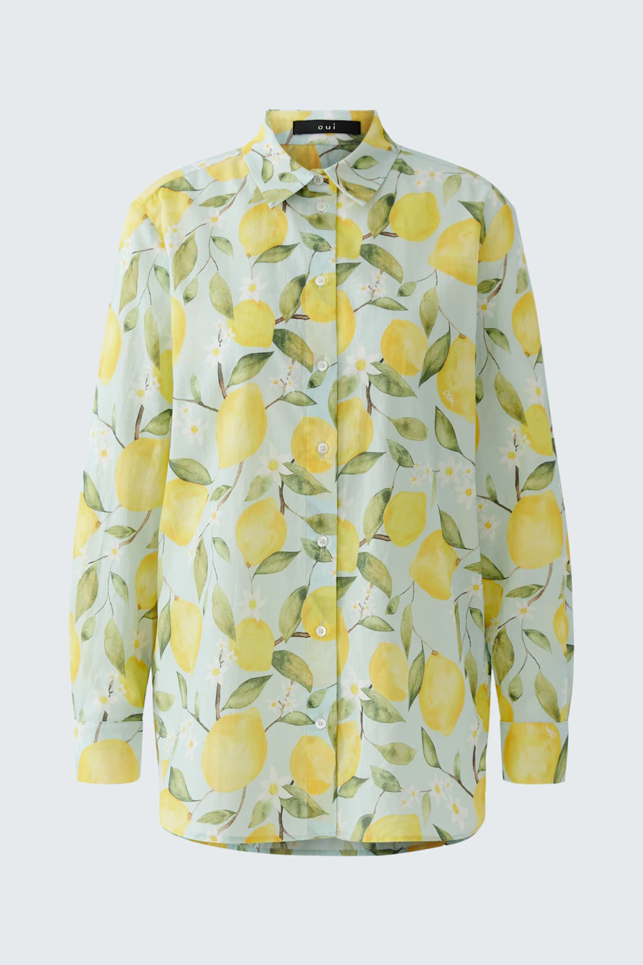 Women's blouse with lemon print: Long-sleeved shirt with vibrant yellow lemons on a light background.