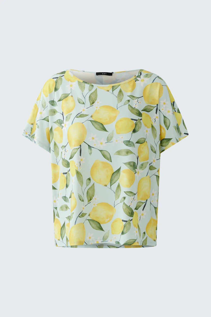 Damen-T-Shirt: Weißes T-Shirt mit frischem Zitronenprint, ideal für sommerliche Outfits.