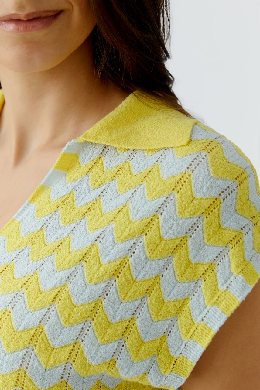 Frau im gelb-blauen Pullover mit Zickzack-Muster und Kragen, lächelt dezent.