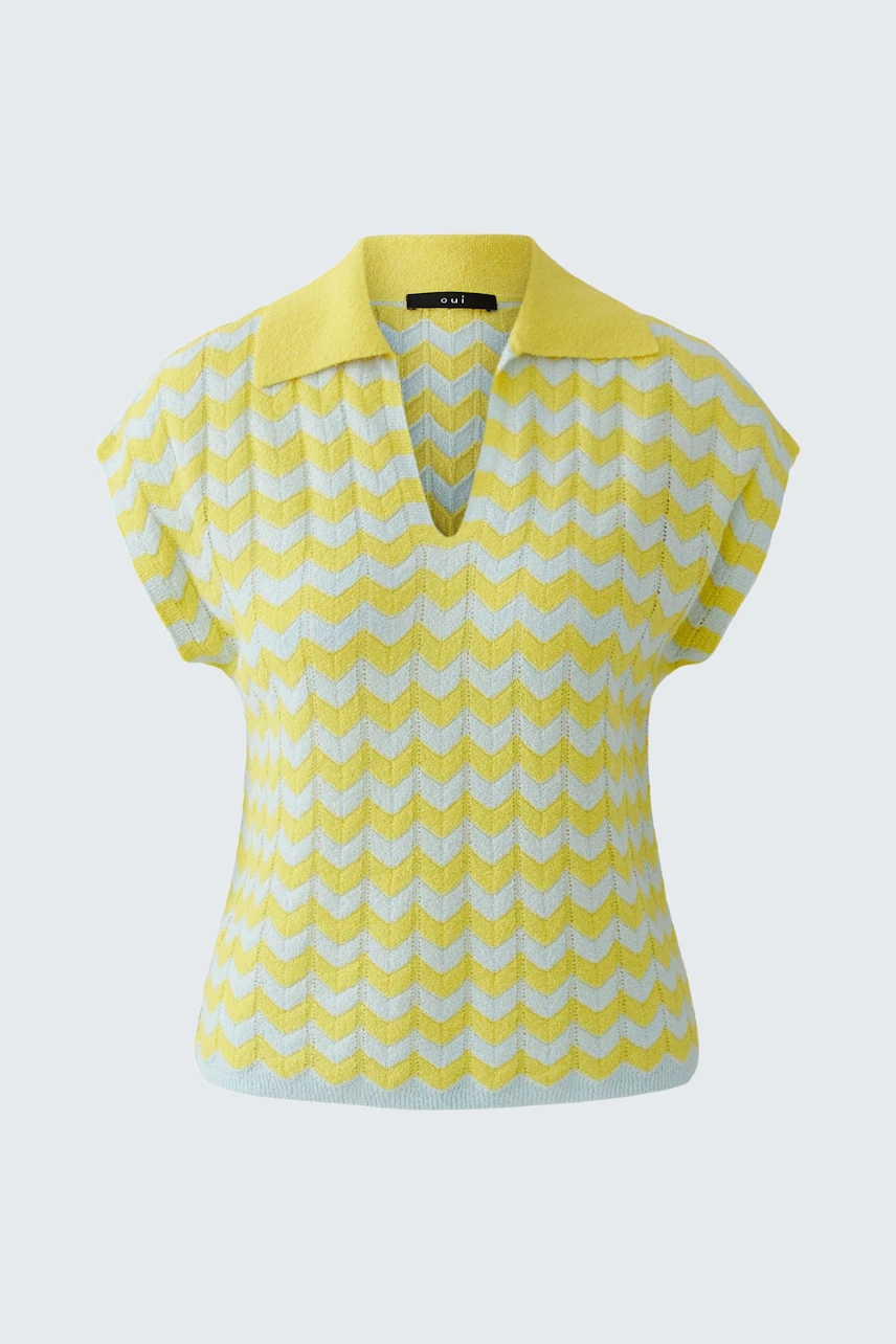 Gelber Damen-Pullover: Kurzarm-Pullover mit Zickzack-Muster und V-Ausschnitt, ohne Model abgebildet.