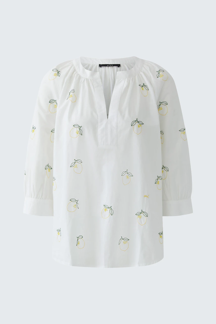 Weiße Tunika mit Zitronenprint, lockerer Schnitt, 3/4-Ärmel, ohne Model.