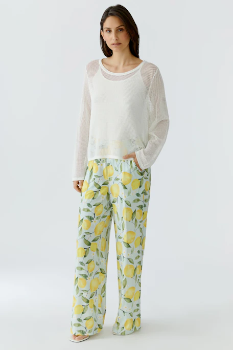Women's pants: Bright lemon print pants with a relaxed fit, perfect for a fresh, casual look.