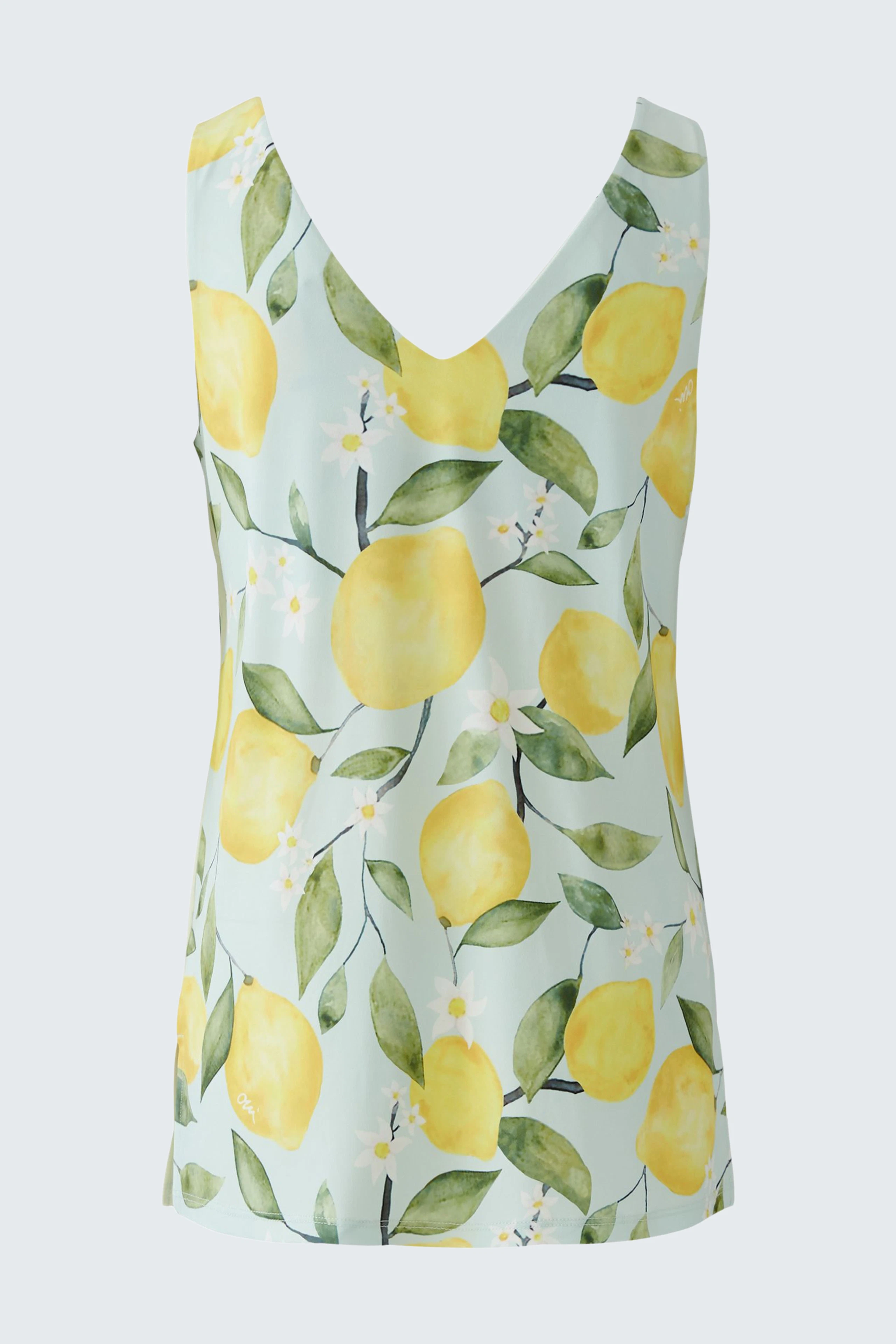 Women's top with vibrant lemon print on a light background, sleeveless and perfect for summer.