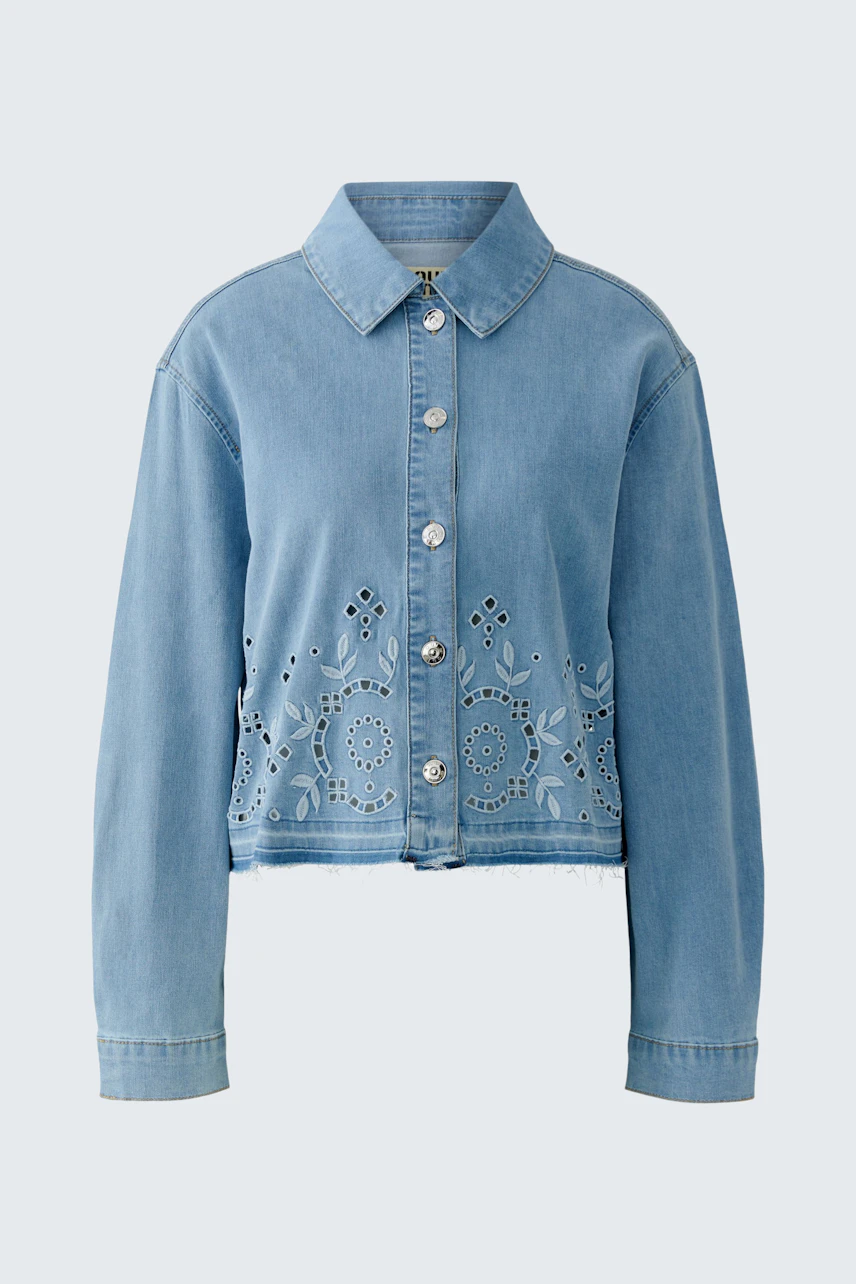 Casual denim jacket: Light blue jeans jacket with button-up front and subtle embroidery details.
