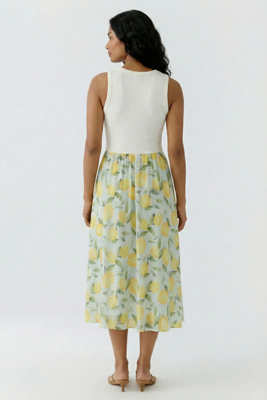 Frau im Midikleid: Weißes Oberteil, gelber Rock mit Zitronenmuster, sommerlich und frisch.