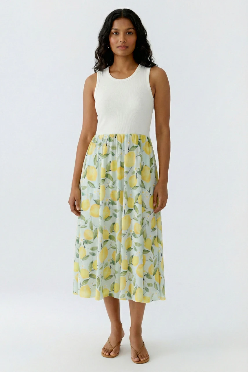 Frau im ärmellosen Midikleid mit Zitronenmuster, weißes Oberteil, gelber Rock, sommerlich und frisch.