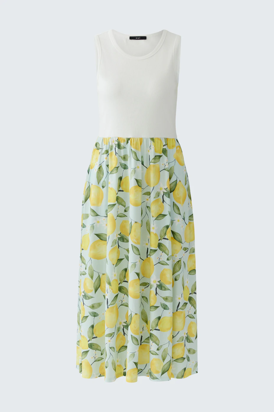 Sleeveless midi dress with lemon print skirt, perfect for a fresh summer look.
