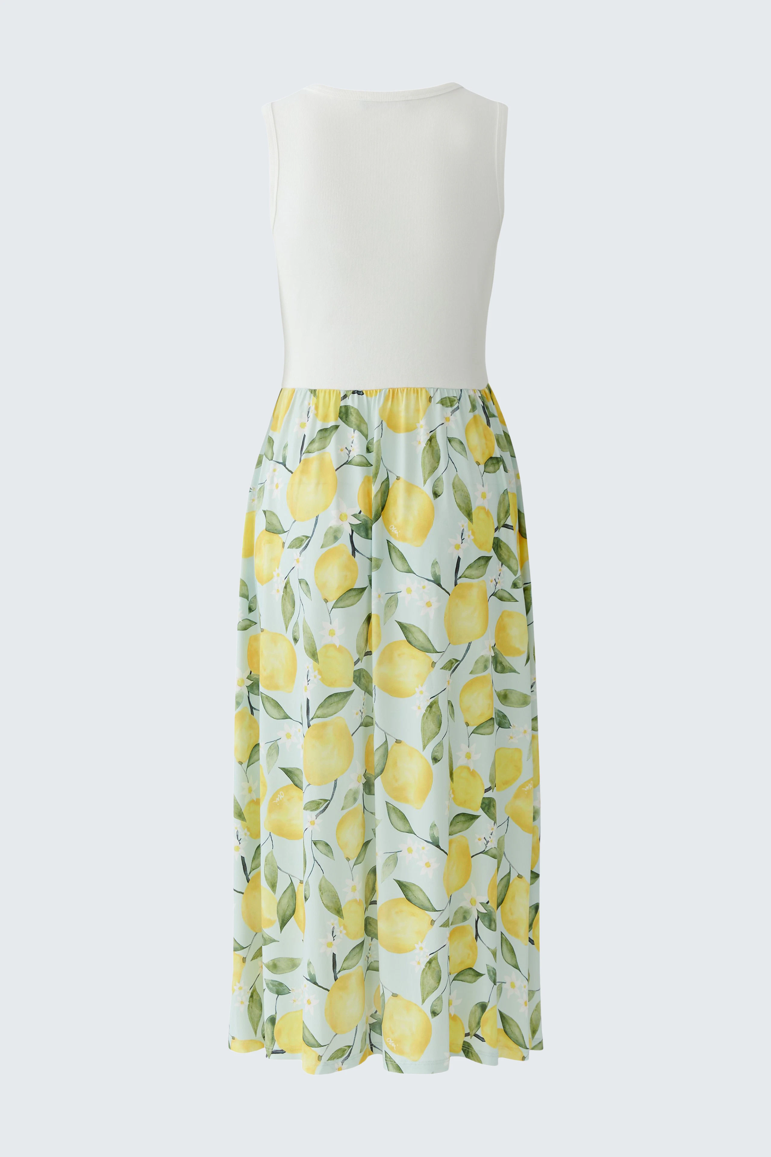 Sommerliches Midikleid mit Zitronenprint, ärmellos und leicht fallend. Perfekt für warme Tage.