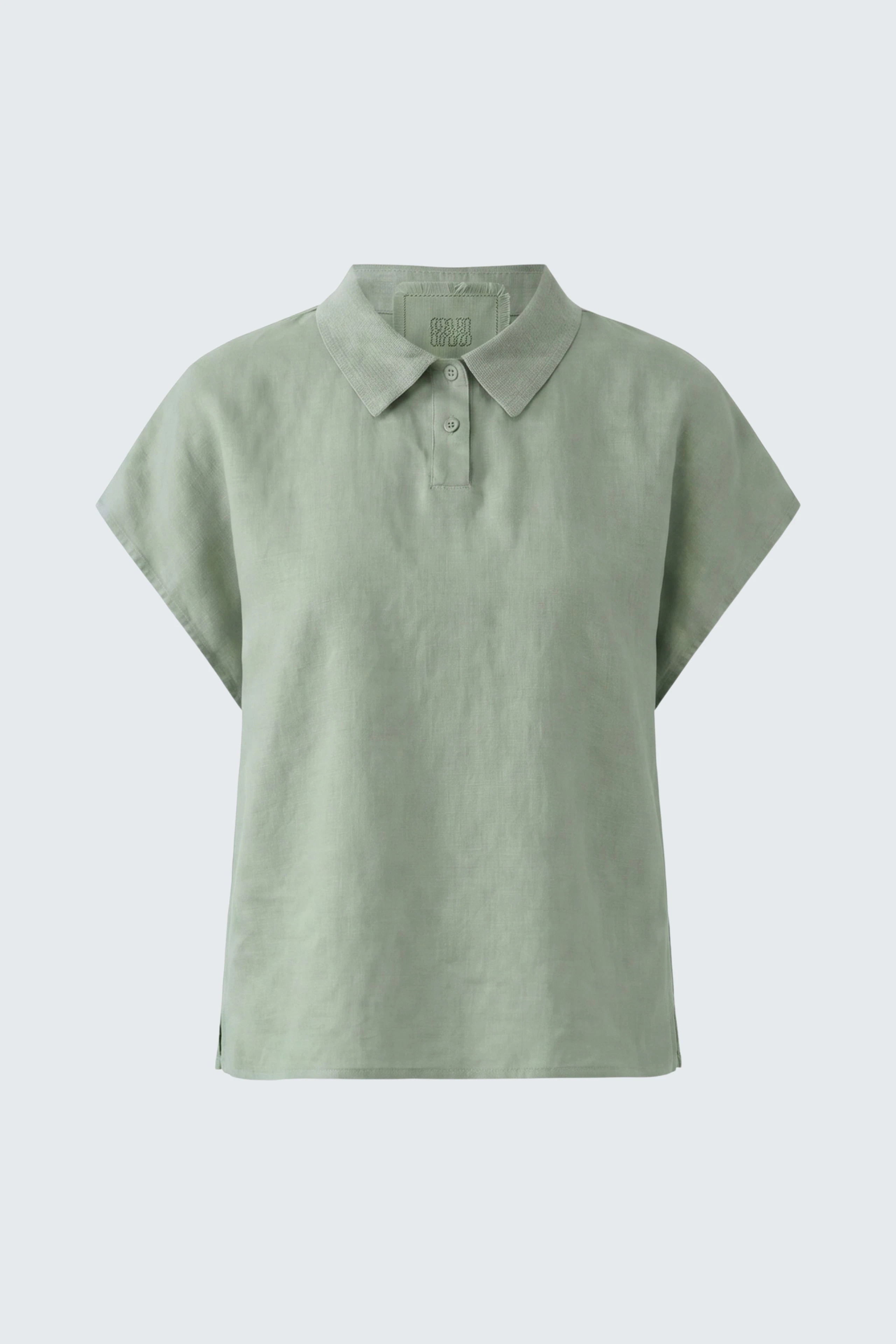 Grüne Damen-Bluse aus Leinen mit kurzen Ärmeln und klassischem Kragen, ohne Model präsentiert.