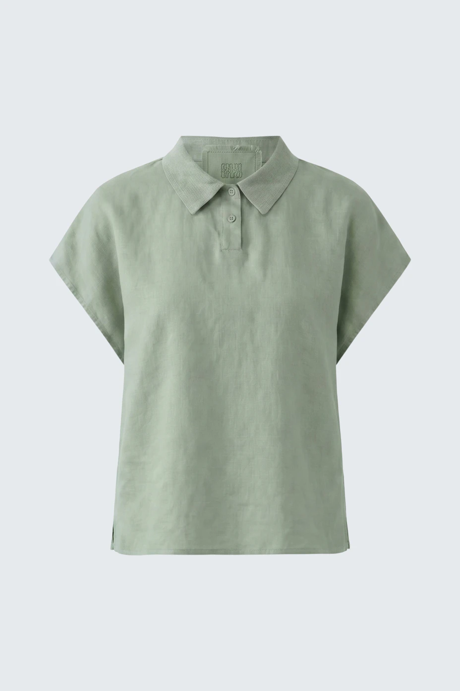 Grüne Damen-Bluse aus Leinen mit kurzen Ärmeln und klassischem Kragen, ohne Model präsentiert.