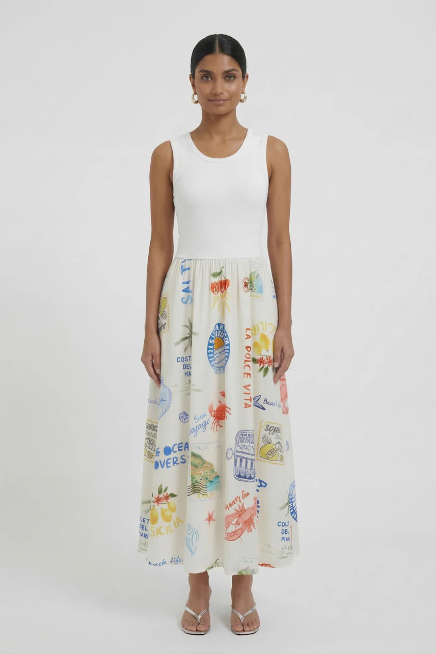 Woman in a sleeveless white top and colorful print midi dress, standing confidently.