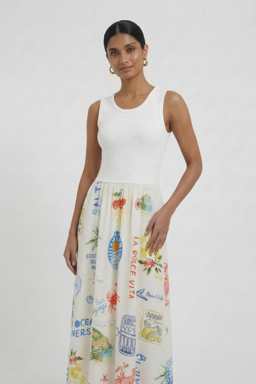 Woman in a sleeveless white top and colorful printed midi dress, standing confidently.