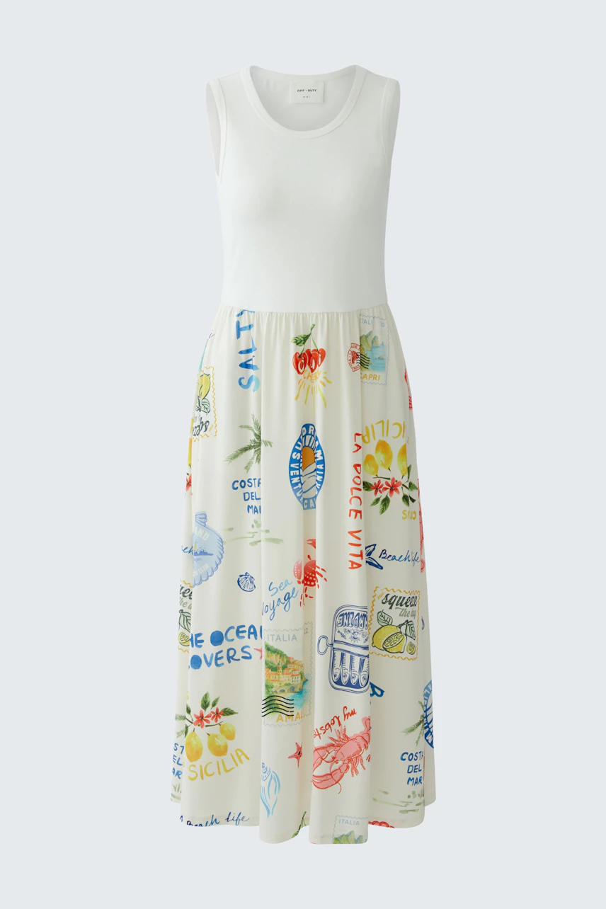 Colorful midi dress: Sleeveless white top with a vibrant, printed skirt featuring various motifs.