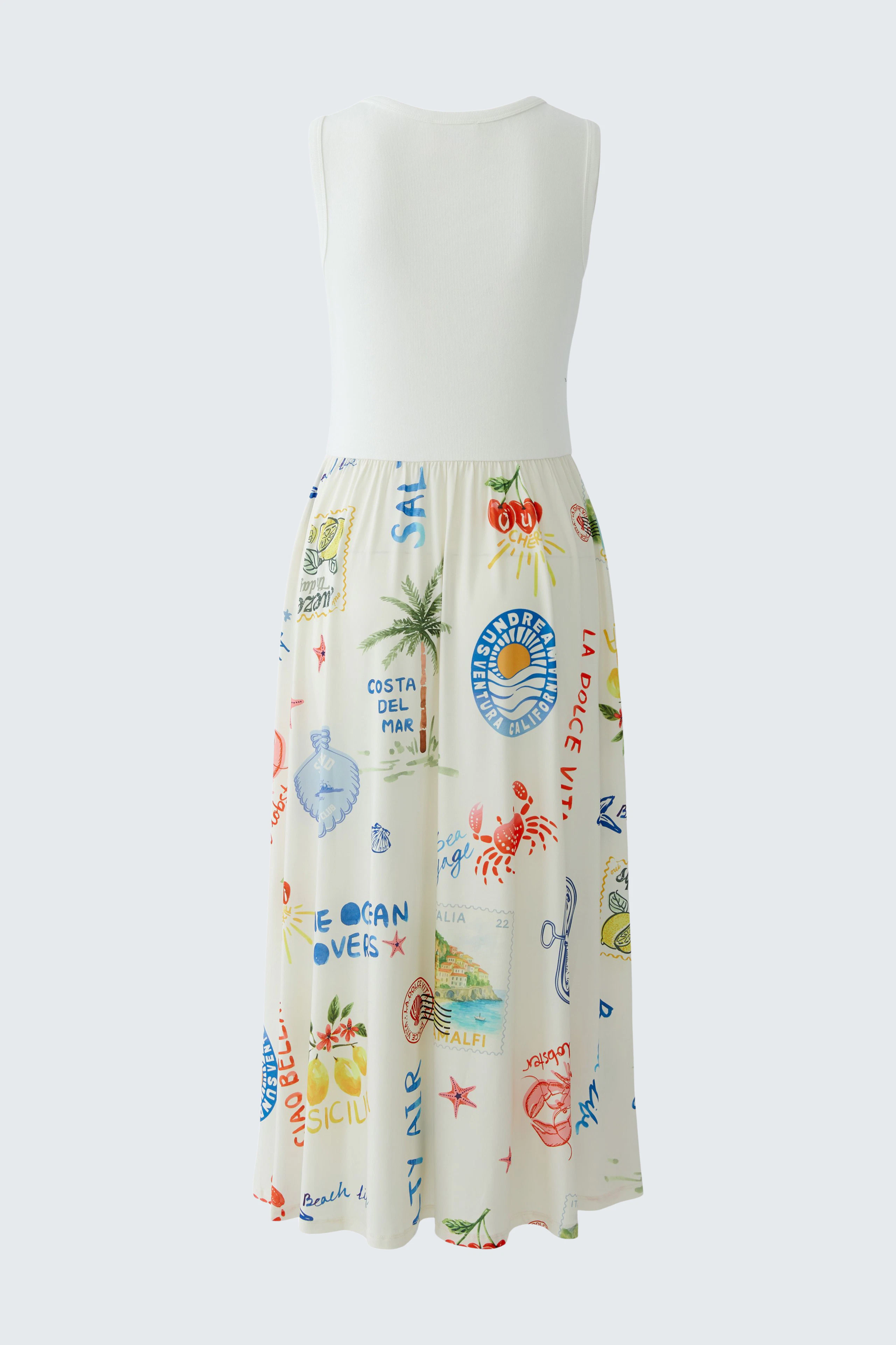 Colorful mididress: Sleeveless white top with a vibrant, printed skirt featuring travel-themed graphics.