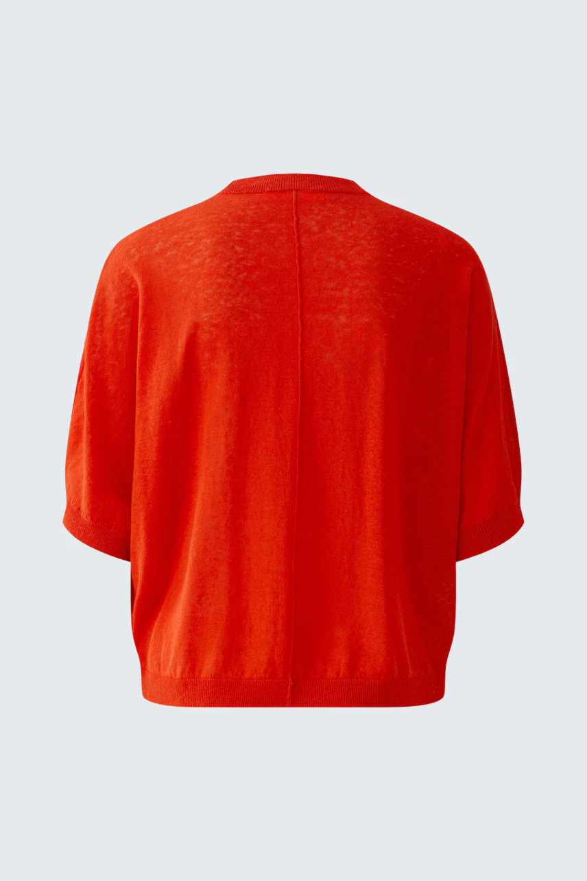 Bright red cardigan: Casual knit cardigan with short sleeves, shown from the back.